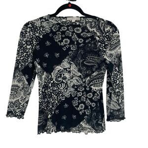 Y2K 90s Moa Moa Sheer Floral Mesh Top Whimsigoth Floral Black White Small